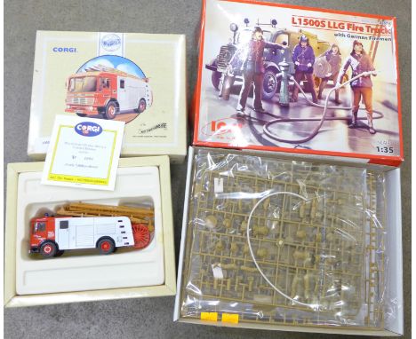 A Corgi AEC Pump Escape Fire Engine, The Nottinghamshire, boxed, and an ICM Fire Truck with German Firemen model kit 