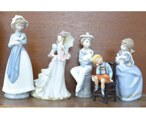 Five figures, one Lladro, two Nao, one Wedgwood and one Neapolitan 