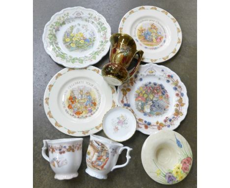 Royal Doulton china including Brambly Hedge and Bunnykins, a Radford china posy bowl, a Crown Devon Fieldings lustre jug, etc