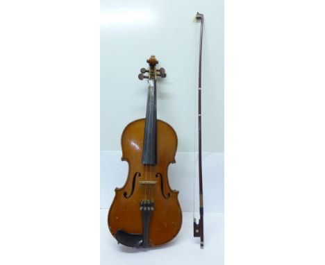 A violin with and bow, cased, 34cm back 