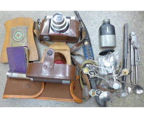 A Voigtlander Vito B camera, a compass, pewter hip flask marked James Dixon, a National Rally plaque, two measuring instrumen