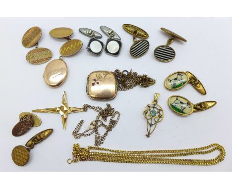 A 9ct gold back and front locket, four pairs of cufflinks, an Art Nouveau pendant set with a blue stone, a plated locket and 