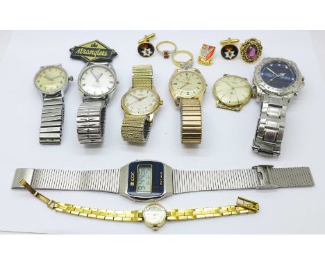 Eight wristwatches, Rotary, Buren Grand Prix, Camy, etc., rings and a badge 