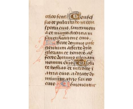* Illuminated leaf. An illuminated manuscript leaf from a Horae or Book of Hours, France, circa 1450, vellum leaf with 14 lin