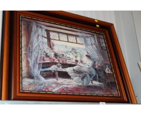 A framed oleograph "Reading by the Window"