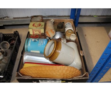 A box containing various vintage tins; stoneware jar and flagon; a bottle etc