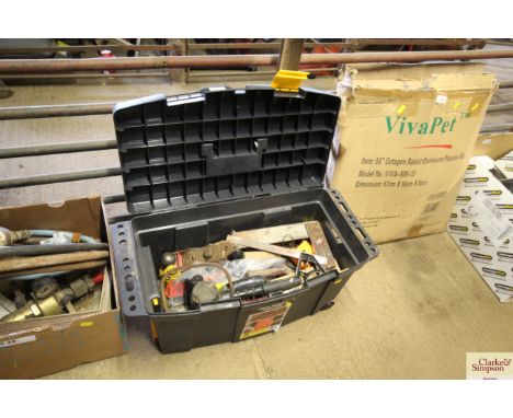 A plastic mobile tool box and contents of various hand tools