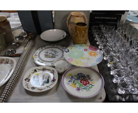 A pair of Poole pottery plates and a cake stand; an Arthur Wood vase; Spode cake plate etc