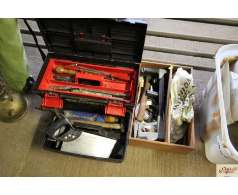 A plastic tool box and contents of various tools, a further tray box of various tools etc.