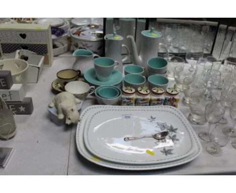 A quantity of Poole two tone coffeeware; spice jars; ornaments and a silver spoon