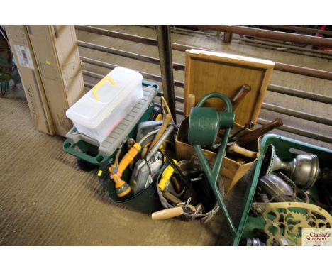 A quantity of gardening tools, a galvanised bucket, rubber trug buckets, garden hose with reel, toolbox etc.