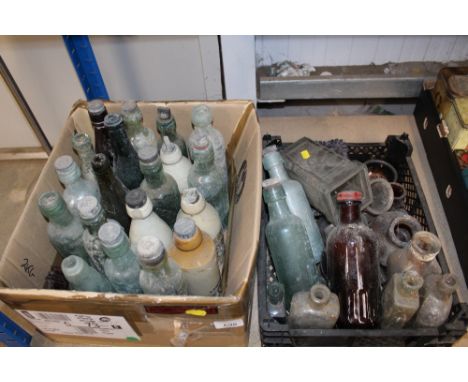 Two boxes of vintage glass bottles and stoneware bottles etc