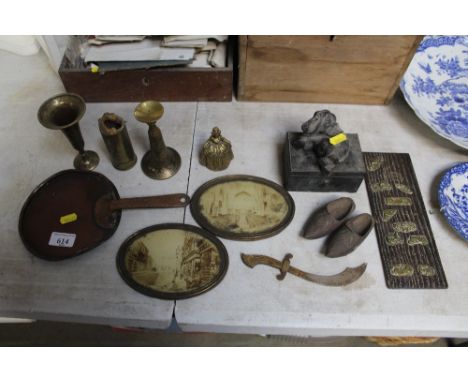A trinket box decorated with elephants AF; a pair of miniature wooden clogs; brass spill vases; copper saucepan lid etc