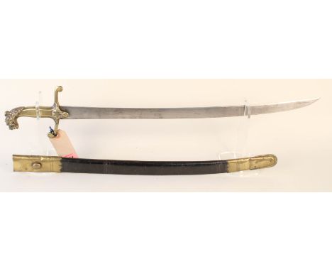 A British bandmans sword with lion head pommel and brass mounted leather scabbard, c1820