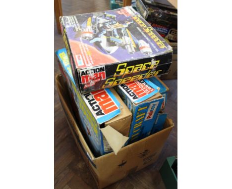 Four boxed Action Man sets, Skyhawk the Flying Wing, Transport Command Pursuit Craft, Training Tower and Space Speeder