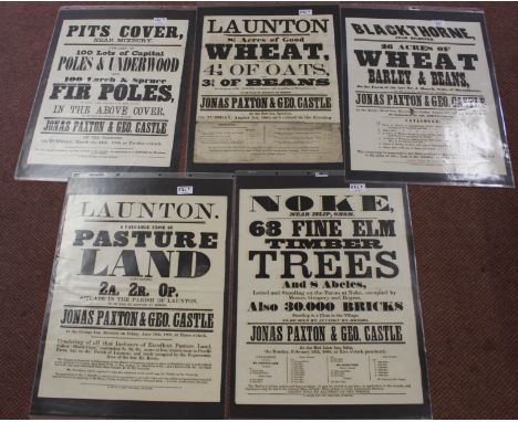 Auction sale posters, Jonas Paxton &amp; Geo Castle, Launton wheat 1869, Noke elm timer trees 1868, Launton pasture land 1868