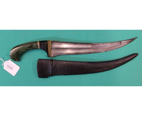A fine Indian khanjar with jade hilt and 'T' blade, complete with leather sheath