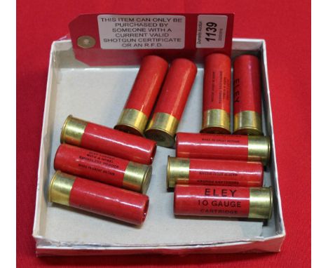 Ten original Eley 10 bore paper cased cartridges with No.4 shot (wildfowling use), a rare find and in very clean condition, t