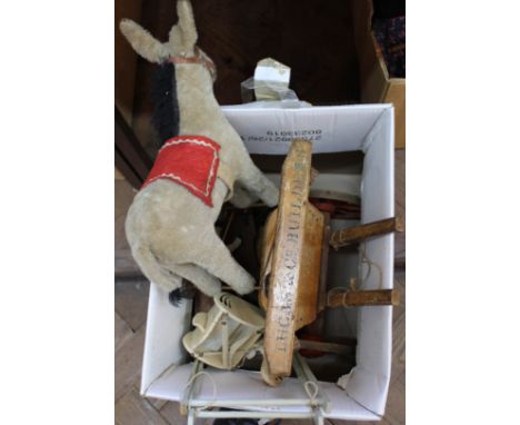 A wooden model cart marked Lucas &amp; Co Builders, two vintage wheeled horses plus a swan swing