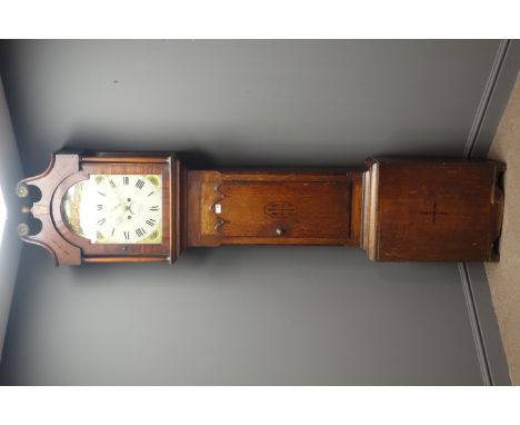 Early 19th century oak and mahogany banded longcase clock, triple arched trunk door with inlay, eight day movement with ename