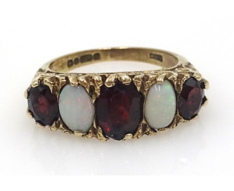 Five stone opal and garnet ring, hallmarked 9ct Condition Report Approx 4gm, size I- JClick here for further images, conditio