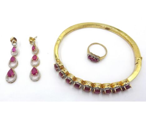 9ct gold three stone ruby and diamond cluster ring, hallmarked, similar silver-gilt bangle and ear-rings, both hallmarked Con