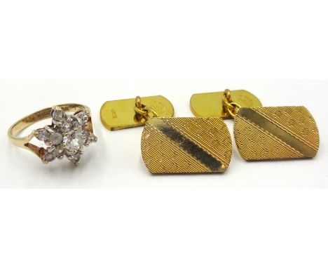 9ct gold cluster dress ring hallmarked 9ct and a pair of gold-plated cuff-links boxed Condition Report Click here for further