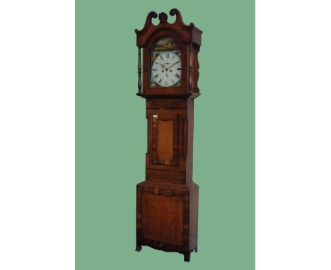 Early 19th century oak and mahogany longcase clock, eight day movement striking on bell with enamel painted dial decorated wi