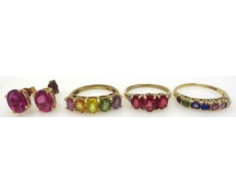 Diamond and pink stone set gold ring, similar ear-rings, two multi-coloured gem stone rings, hallmarked or stamped 9K Conditi