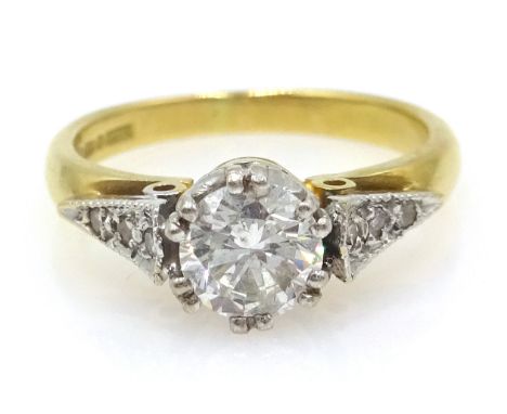 Single stone diamond gold ring, with diamond set shoulders, hallmarked 18ct central diamond approx 0.45 carat  Condition Repo