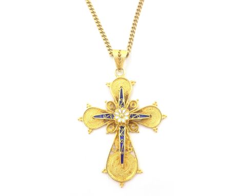 18ct gold and enamel filigree cross pendant stamped 750 on 8ct gold chain necklace stamped 333 Condition Report chain approx 