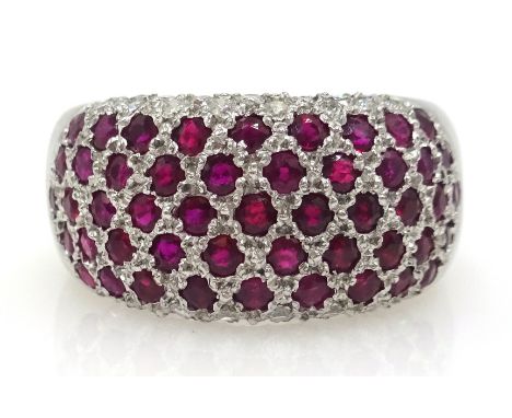 18ct gold ruby and diamond bombe ring with diamond edging, hallmarked Condition Report Size OClick here for further images, c
