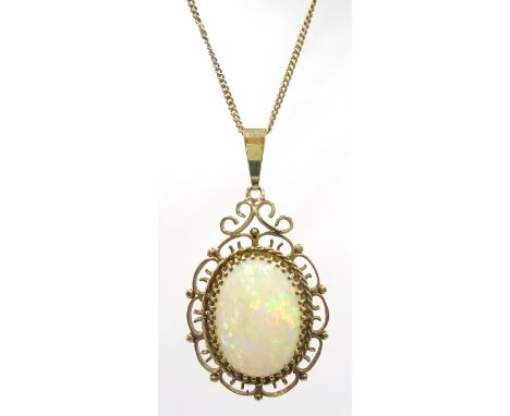 Gold filigree set, oval opal pendant necklace hallmarked 9ct  Condition Report Chain length = 46cm, opal = 1.7cm x 1.3cm, app