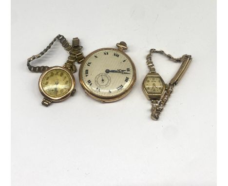 2x vintage 9ct gold case watches & a gold plated pocket watch,spares or repairs