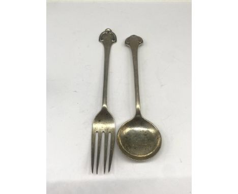 A silver fork & spoon,fully hallmarked,maker is John Roberts of Sheffield 1909,fork is 6 inches long & spoon is 5 inches,weig