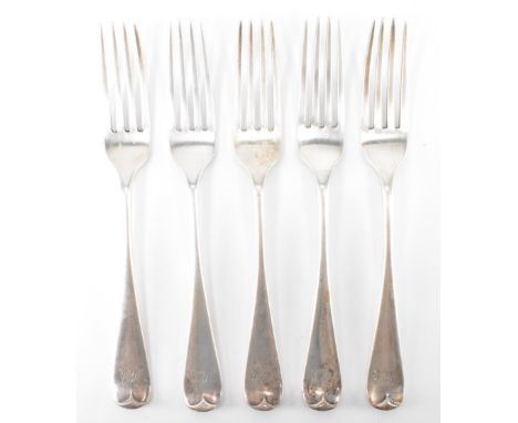 A set of five early 20th Century Edwardian antique silver hallmarked forks. The fork having rounded terminals with engraved i