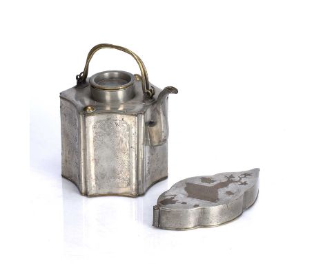 Paktong shaped teapotChinese, circa 1900with folding brass handles, 13.5cm high and a leaf-shaped folding box with brass inla