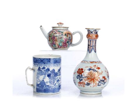 Group of porcelainChinese, 18th Centurycomprising of an Imari decorated bottle vase, 24.5cm high, a famille rose decorated te