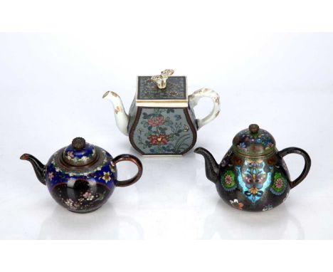 Three miniature teapotsJapanese, late Meijito include two cloisonne teapots and a single pottery and cloisonne teapot, 12cm -
