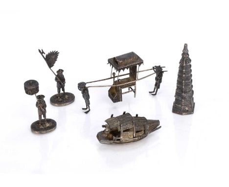 Group of miniature silver coloured metalChineseto include a sedan chair and coolies, 10cm, a pagoda, 8cm, a model junk, and t