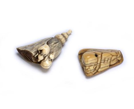 Ivory netsuke of pyramid formJapanese, late 19th Centurycarved as a recumbent figure within his robes, his shaven head with t