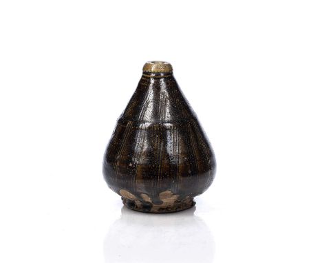 Seto ware sake bottleJapanese, 16th Centurywith ribbed decoration and bronze top, 14.5cm highCondition report: Wear and scrat