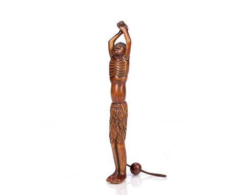 Wood netsuke of AshinagaJapanesethe standing figure with his arms outstretched, the top half detaching to the body to reveal 