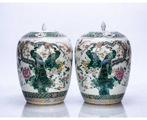 Pair of famille verte jars and coversChinese, circa 1900each painted in polychrome enamels with phoenix, peacocks, flowers an