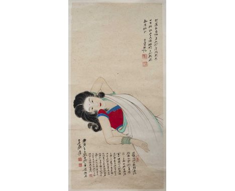 Chinese Schoola study of a girl, on paper, half length, with pencil inscription for Zhang Daqian (1899-1983) on the back and 