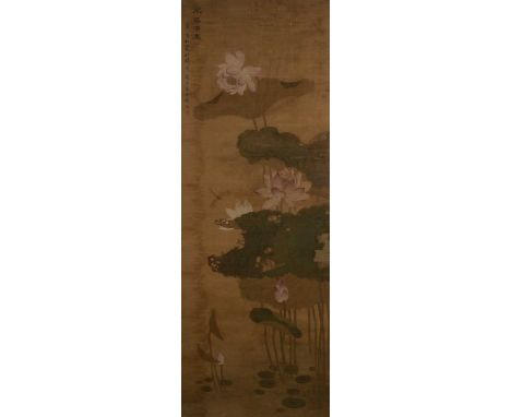 Floral scroll fragment Chinese, 17th/18th Centurydepicting  lotus flowers, buds, and leaves, with a line of calligraphy to th