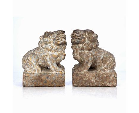 Pair of mottled stone model Buddhist lionsChinese, 18th/19th Centuryeach set upon a rectangular base, 20cm high x 15cm long C