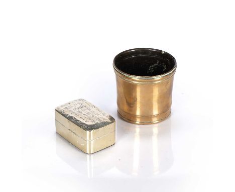 Scholar's brass and copper ink box and a bronze brush holderChinesethe ink box with engraved archaic inscription, the transla