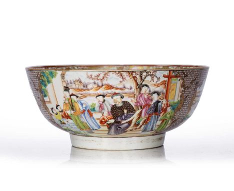 Famille rose Mandarin punch bowlChinese, Qianlong periodwith enamel painted panels of courtiers and garden scenes, 29.5cm x 1