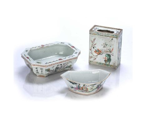 Group of Canton porcelainChinese, 19th Centurycomprising of a basin decorated to the exterior with a woman reading a book, 21